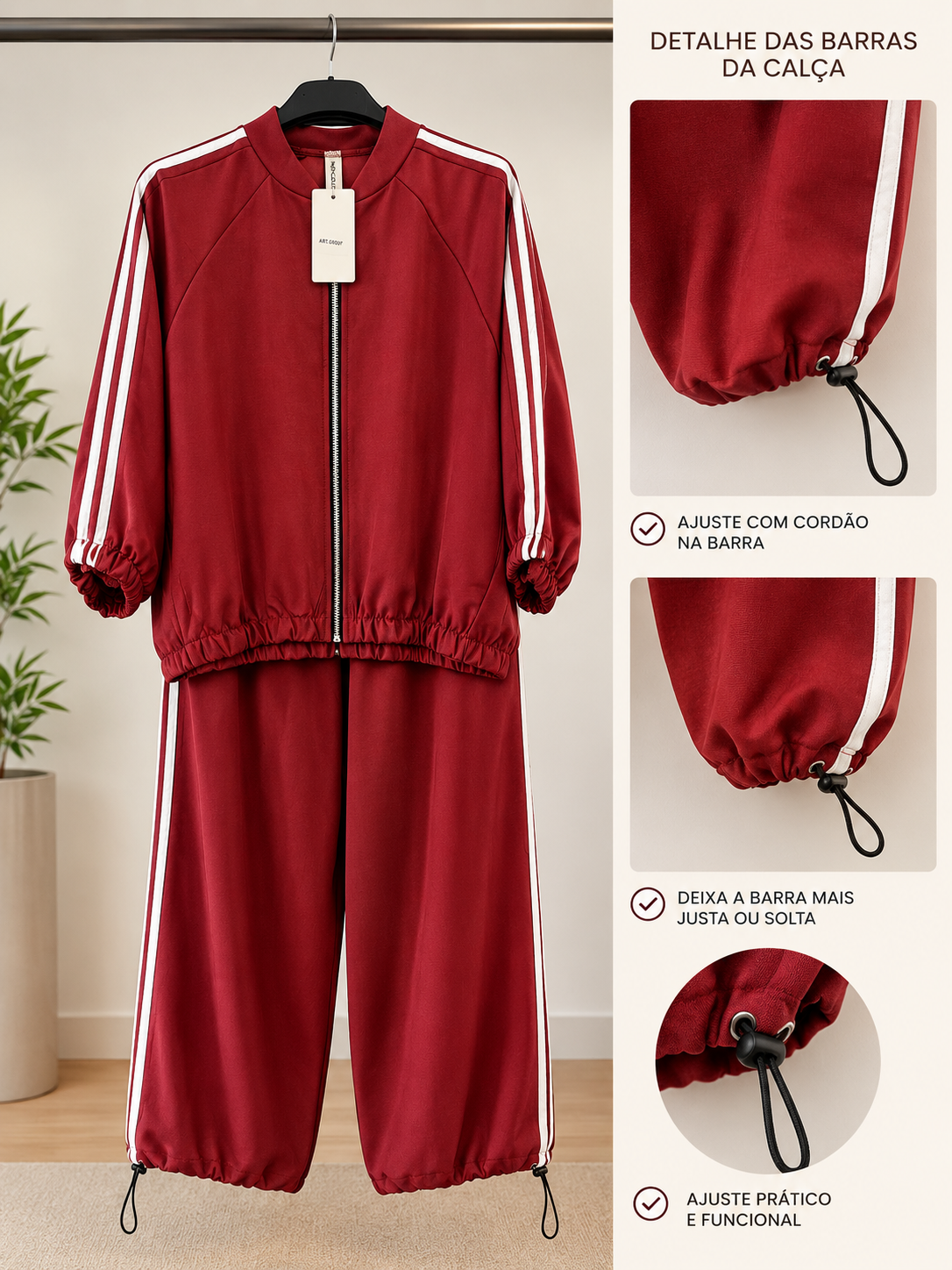 Conjunto Desportivo Versátil Terracota – Casaco Crop & Calça Adaptável Wide-to-Jogger