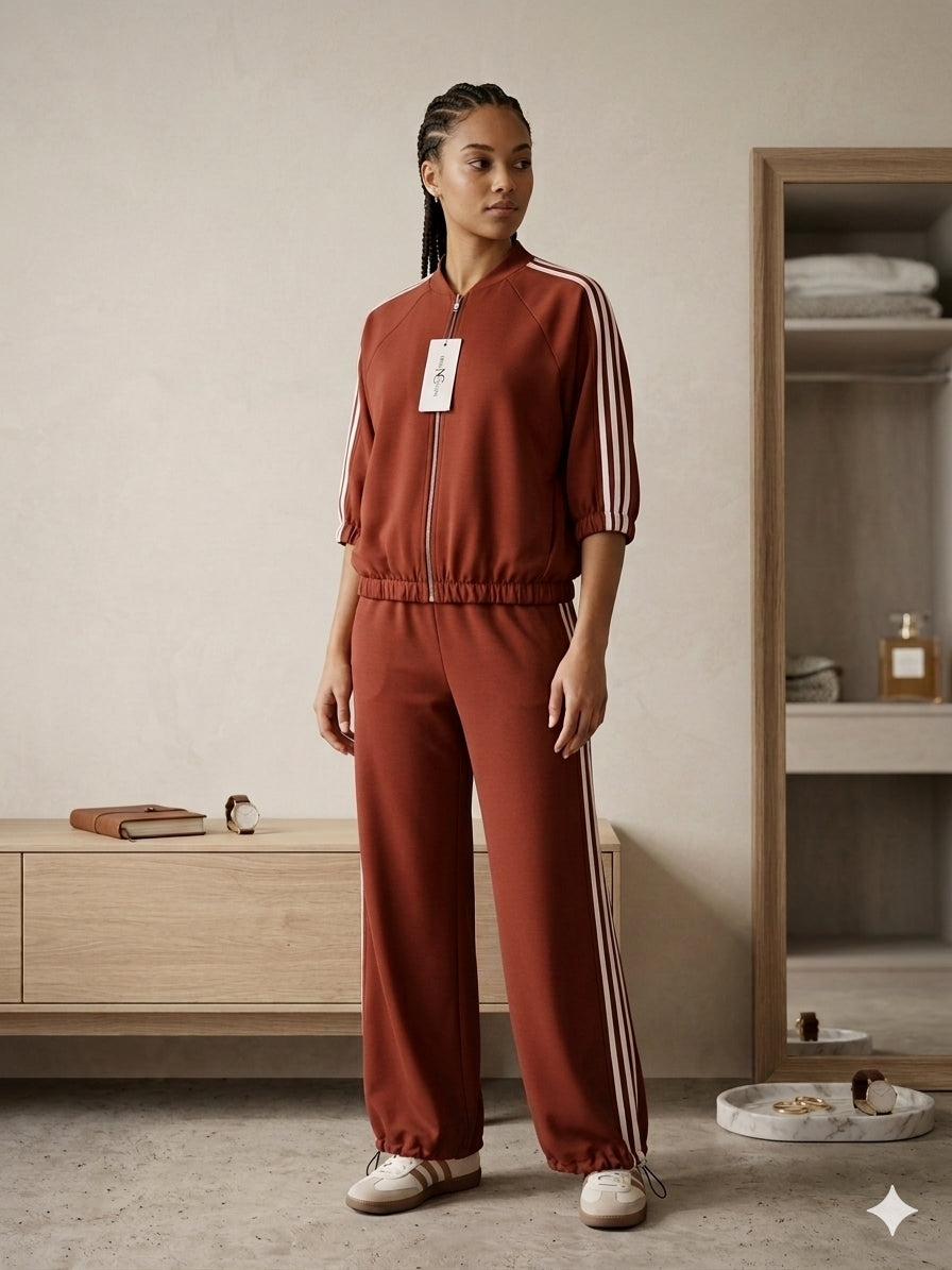 Conjunto Desportivo Versátil Terracota – Casaco Crop & Calça Adaptável Wide-to-Jogger
