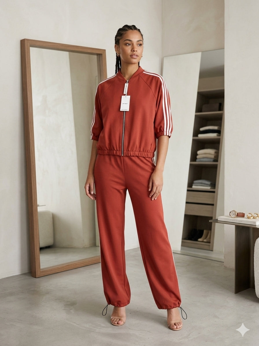 Conjunto Desportivo Versátil Terracota – Casaco Crop & Calça Adaptável Wide-to-Jogger